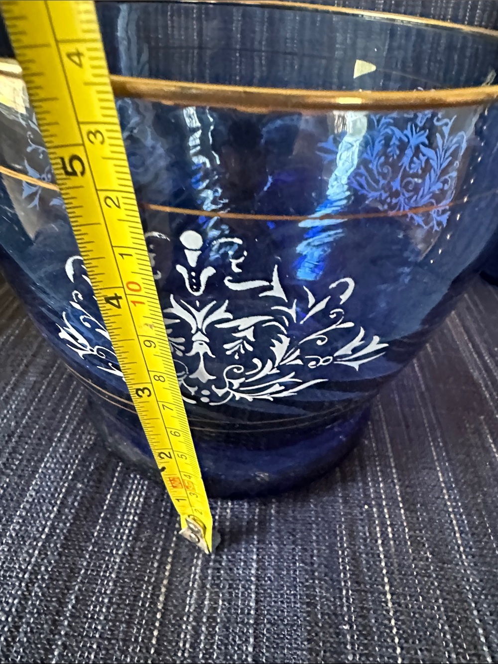 Set of 6 blown glass pontil cobalt blue gilt edge highball glasses and ice bowl - Picture 7 of 8